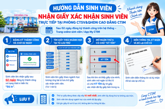 HƯỚNG DẪN NHẬN GIẤY XÁC NHẬN SINH VIÊN TẠI PHÒNG CTSV&QHDN – CAO ĐẲNG CTIM